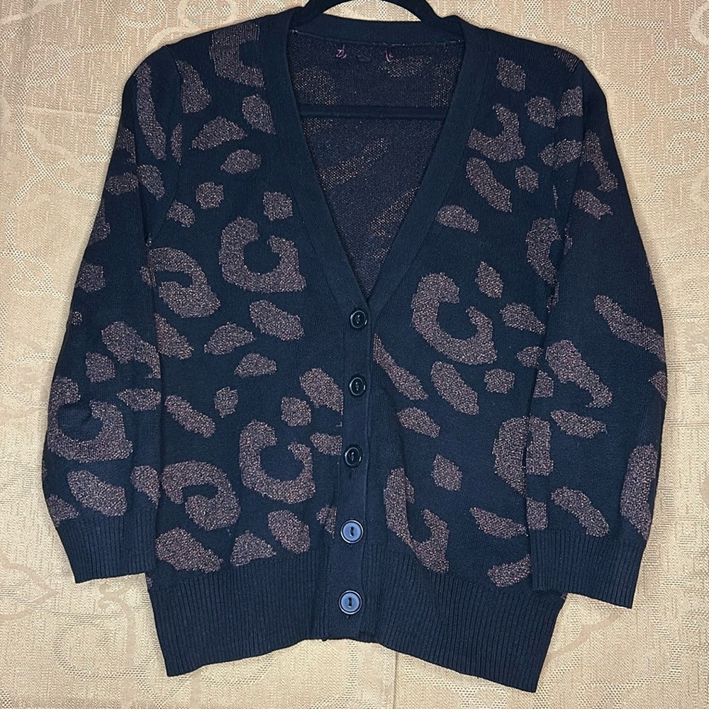 Takeout Navy Cardigan with Metallic Rose Leopard Print